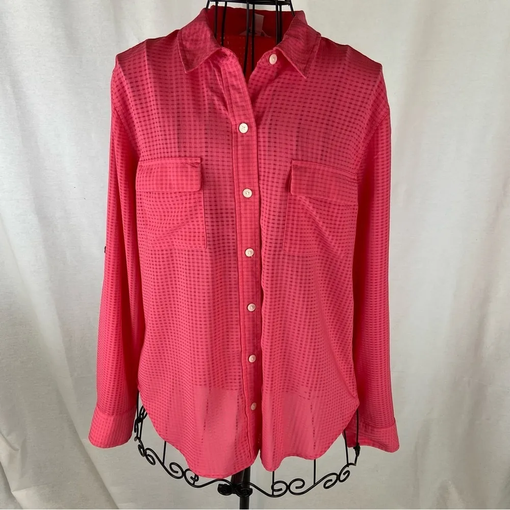 CALVIN KLEIN Coral Long Sleeve Sheer Button Down Top Women’s Size Medium - Image 94