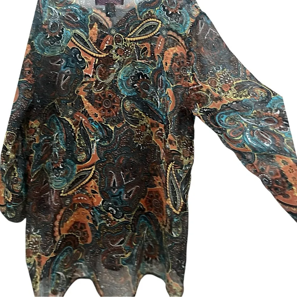 Peck & Peck Embellished Sheer‎ Brown Paisley Blouse XL Boho Chic Festival Top - Image 4