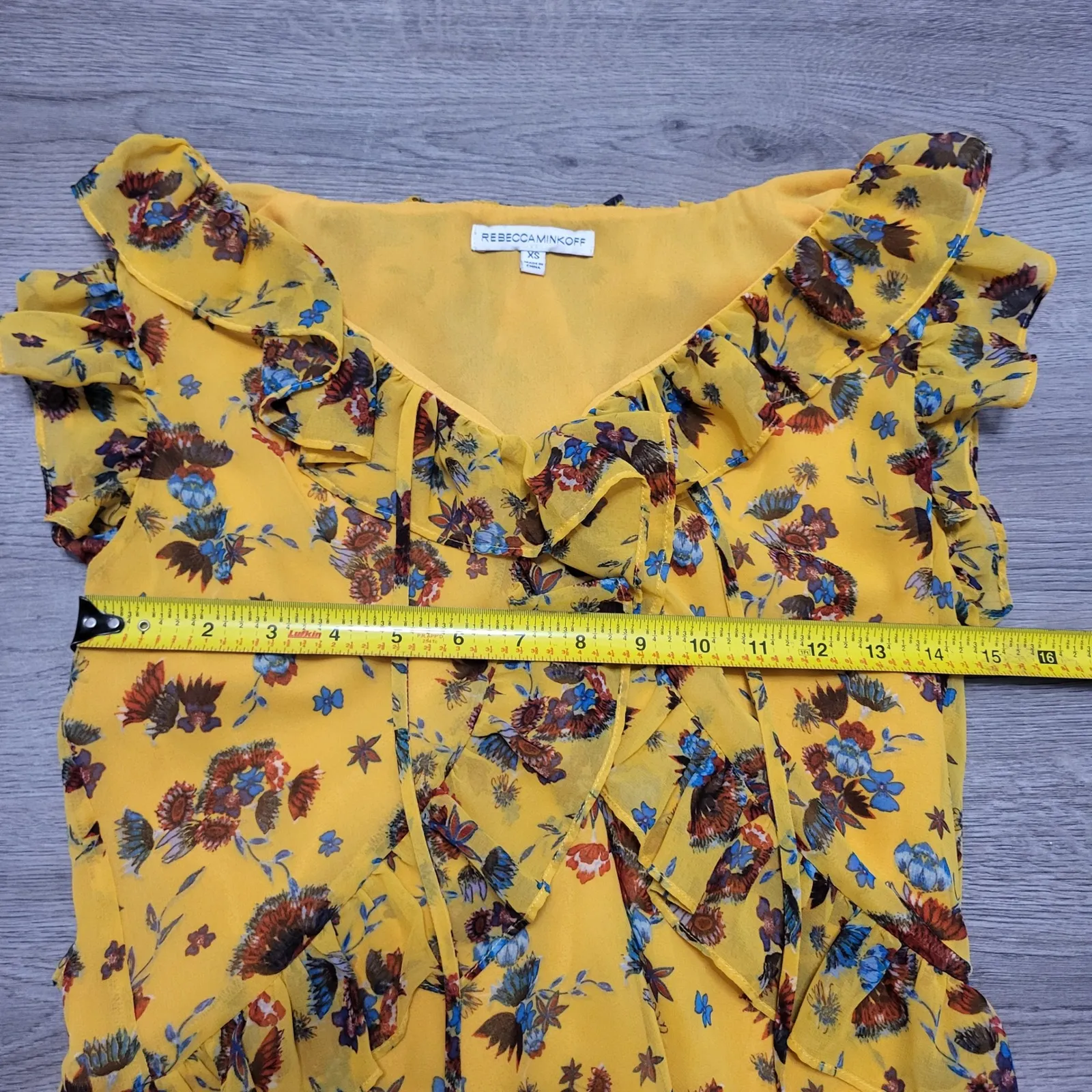 Rebecca Minkoff Yellow Floral Ruffle Tie Blouse Top Bold Bohemian Indie Fairy XS - Image 9