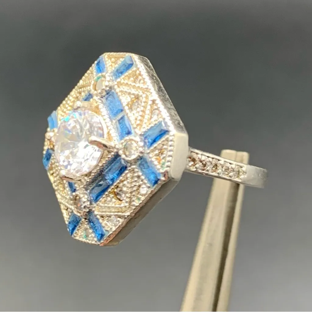 Art Deco Era Reproduction Ring Silver Plated White Blue Cubic Zirconia Size 8.25 - Image 2