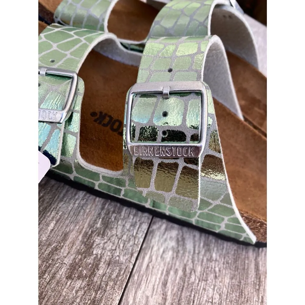 Birkenstock Arizona Women’s Sandals 9 Metallic Green Croc Print Slip-On Slides - Image 6