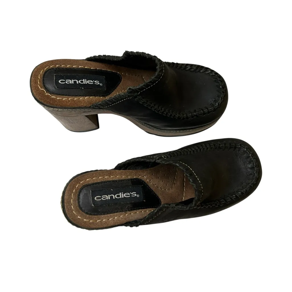 ⭐️ Vintage Candie’s Black Leather Clogs Made in Brazil - Y2K Chunky Wooden Heels - Image 6