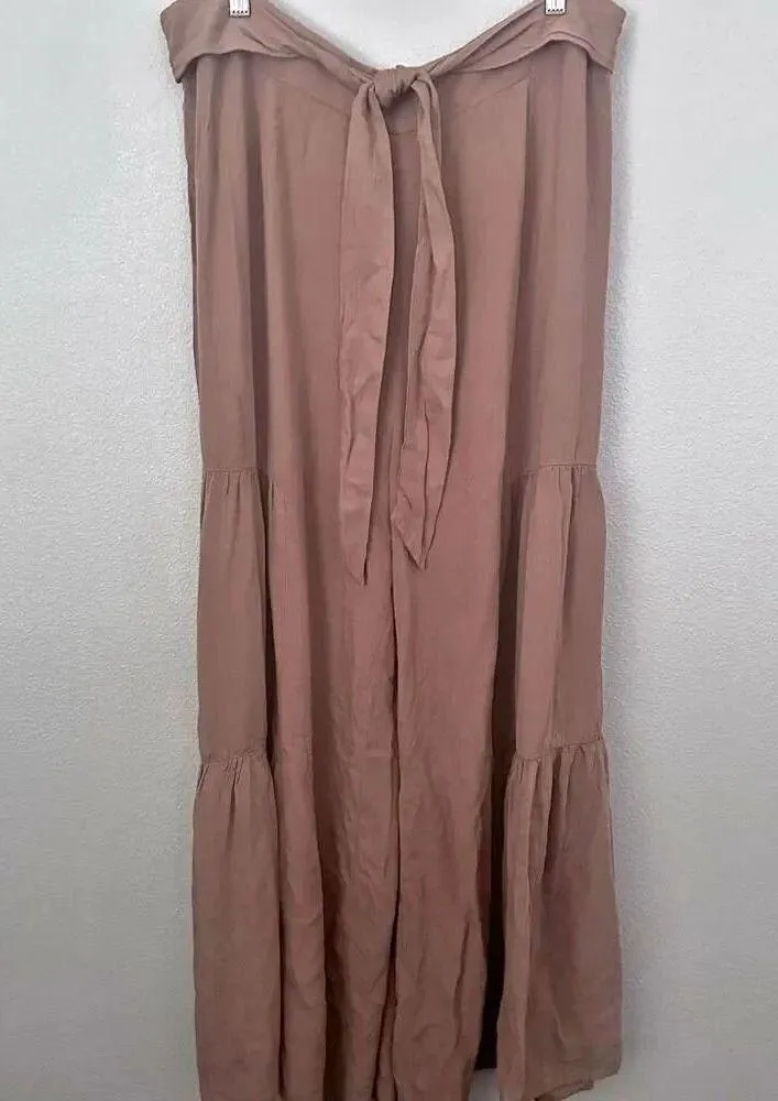 EE:SOME EESOME | Tiered Wide Leg Pants Tan Ruffle Boho Tie Palazzo | Sjze 1X - Image 2