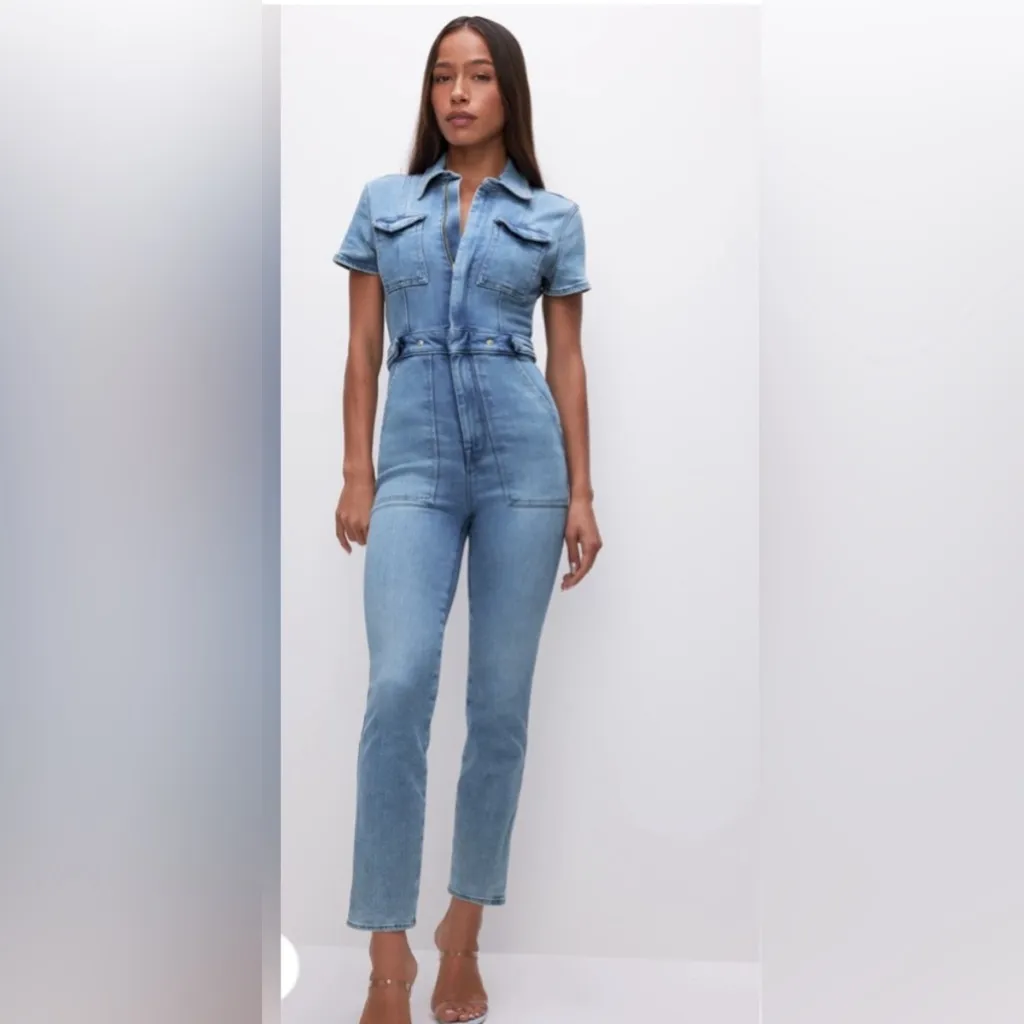 Good American fit for success denim zip up jumpsuit sz medium‎ indigo - Image 2