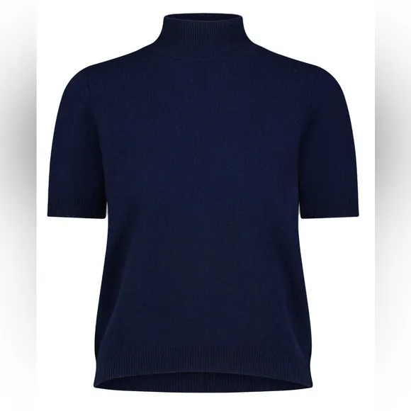 100% Cashmere Short Sleeve Mock Neck Top Blue - Image 2