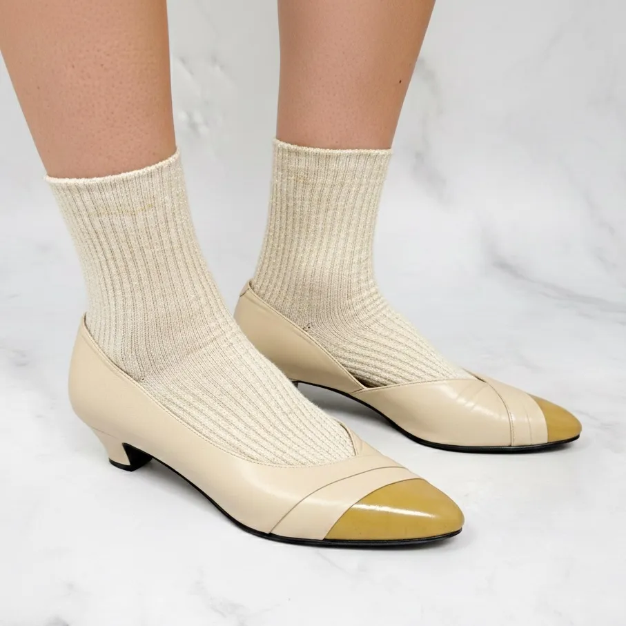 YSL Yves Saint Laurent Vintage Leather Low Block Heeled Flats Shoes Retro 5.5 Gold - Image 2