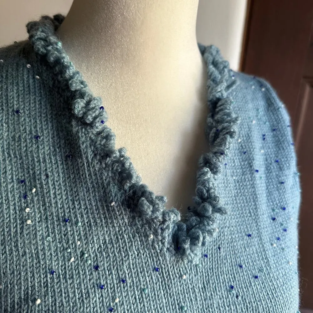 1960s VINTAGE | Unique Blue Beaded V Neck Sweater Dress | Approx size Small Med - Image 6