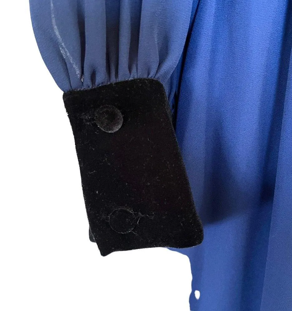 Mikael Aghal Front Tie Long Sleeve Velvet Trim Midi Dress Blue Women's Size 8 - Image 3