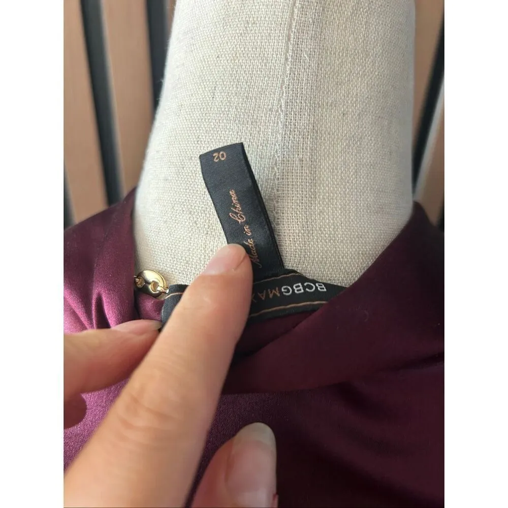 BCBGMaxAzria Silk Dress A-Line Burgundy Merlot Size 2 Wrap Tie Waist Bow Lined - Image 5