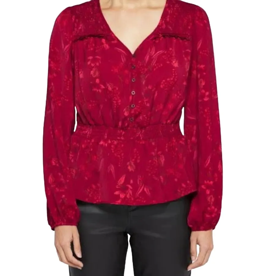 Mason & Belle Kara Peplum Blouse Red Floral Smocked Long Sleeve L NWT Indie Boho - Image 2