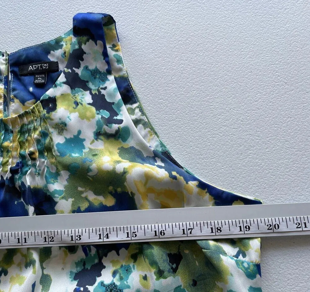 Apt. 9 Top Womens Size PL Blue Green Floral Sleeveless Blouse Pleated Side Tie - Image 9