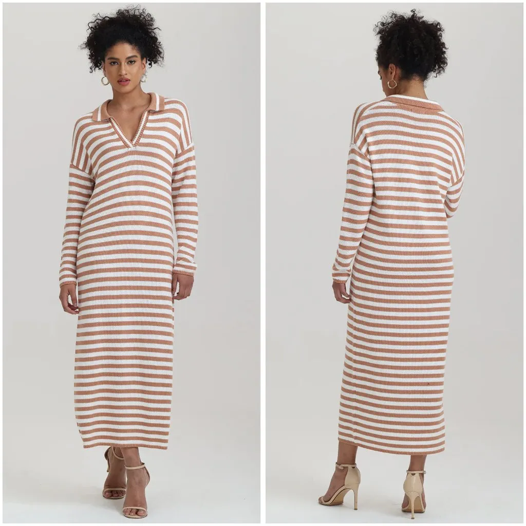 525 America Raya Stripe Polo Knit Sweater Dress in Walnut Multi Size M LIKE NEW - Image 2