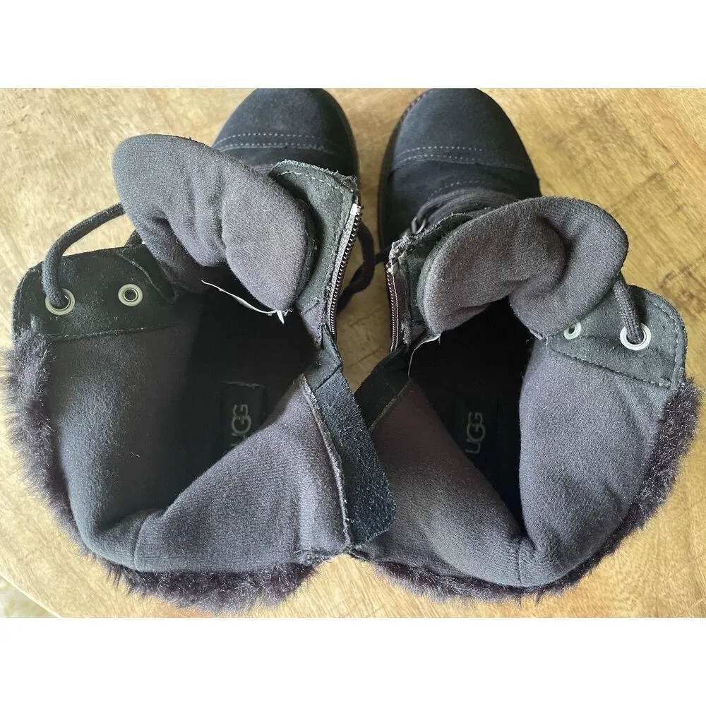UGG Black Suede Shearling Hiker Boots Women Size 5 US 37 EU Lace Up Zip Winter - Image 8