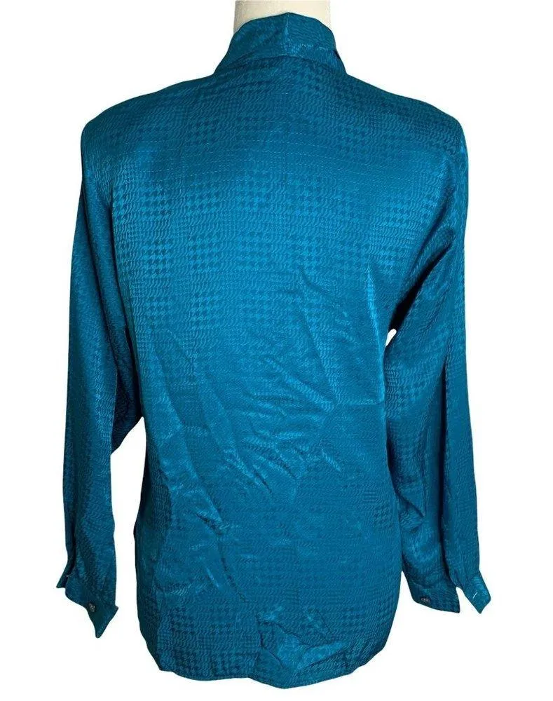Vintage Silky Button Up Shirt M Teal Blue Long Sleeve Pocket Notch Collar Size M - Image 4