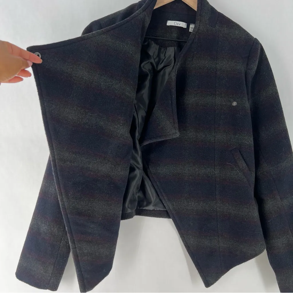 DEX Wool Blend Stylish Striped Womens Crossover‎ Asymmetric Hem Jacket Gray Size M - Image 6
