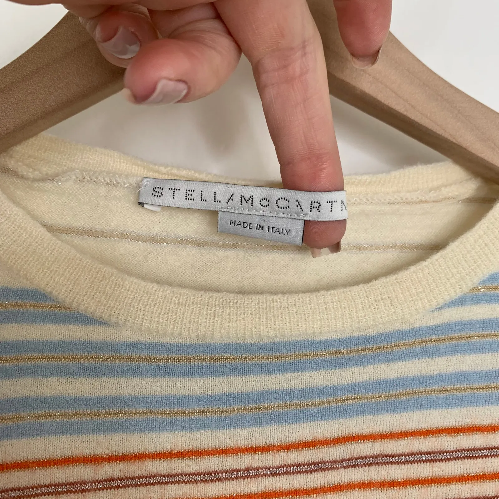 STELLA MCCARTNEY Virgin Wool Crew Neck Multi Color Striped Sweater Size 42 - Image 11