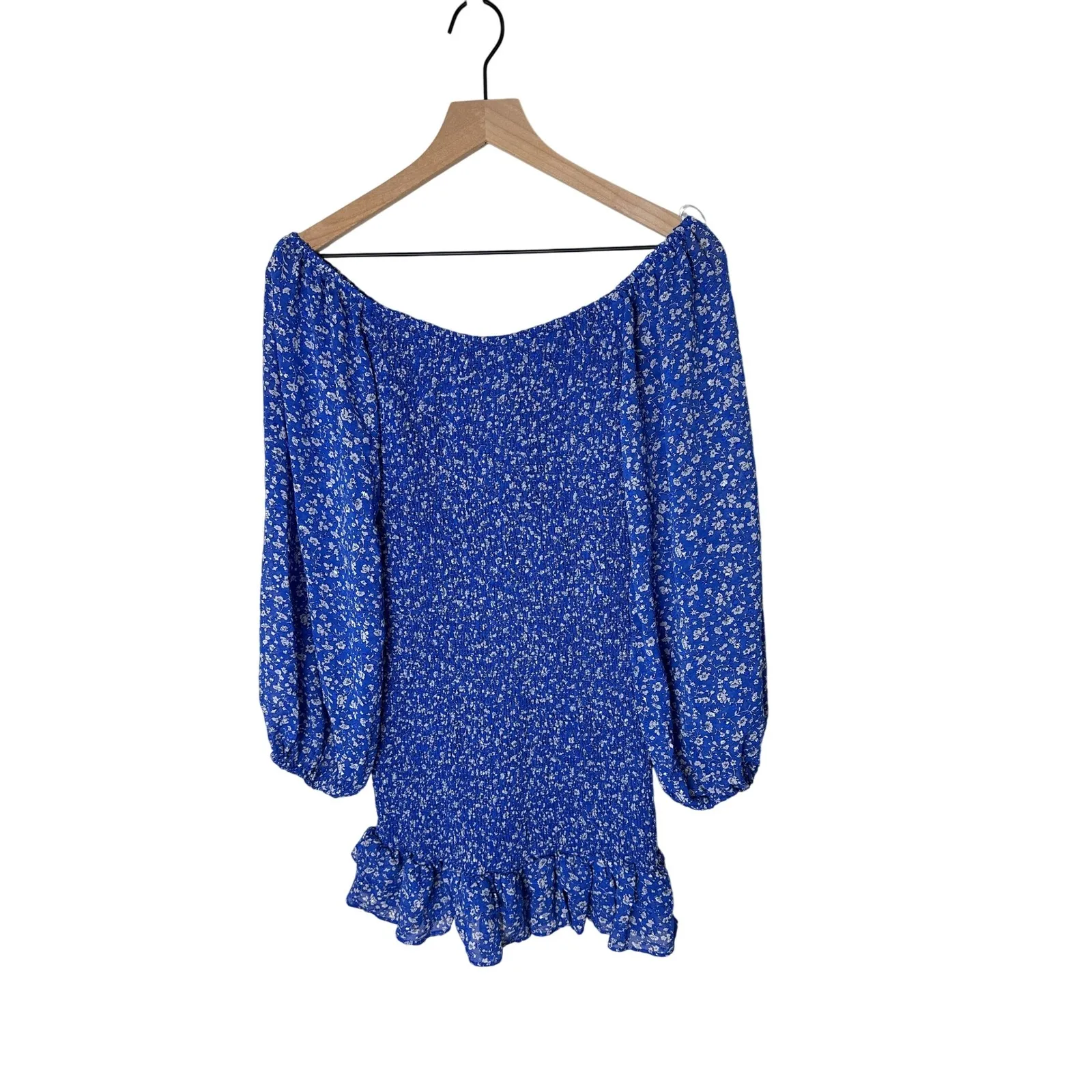 Hello Molly Women's Blue Floral "Just a Number" Mini Dress Smocked Ruffle Size 8 - Image 2