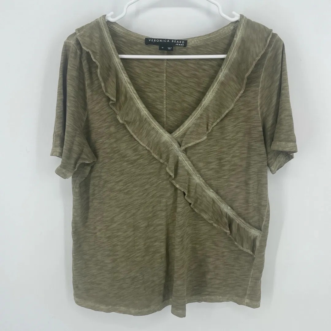 Veronica Beard Jeans Dubois Ruffled Pima Cotton T-Shirt Light Army size M $158 - Image 2