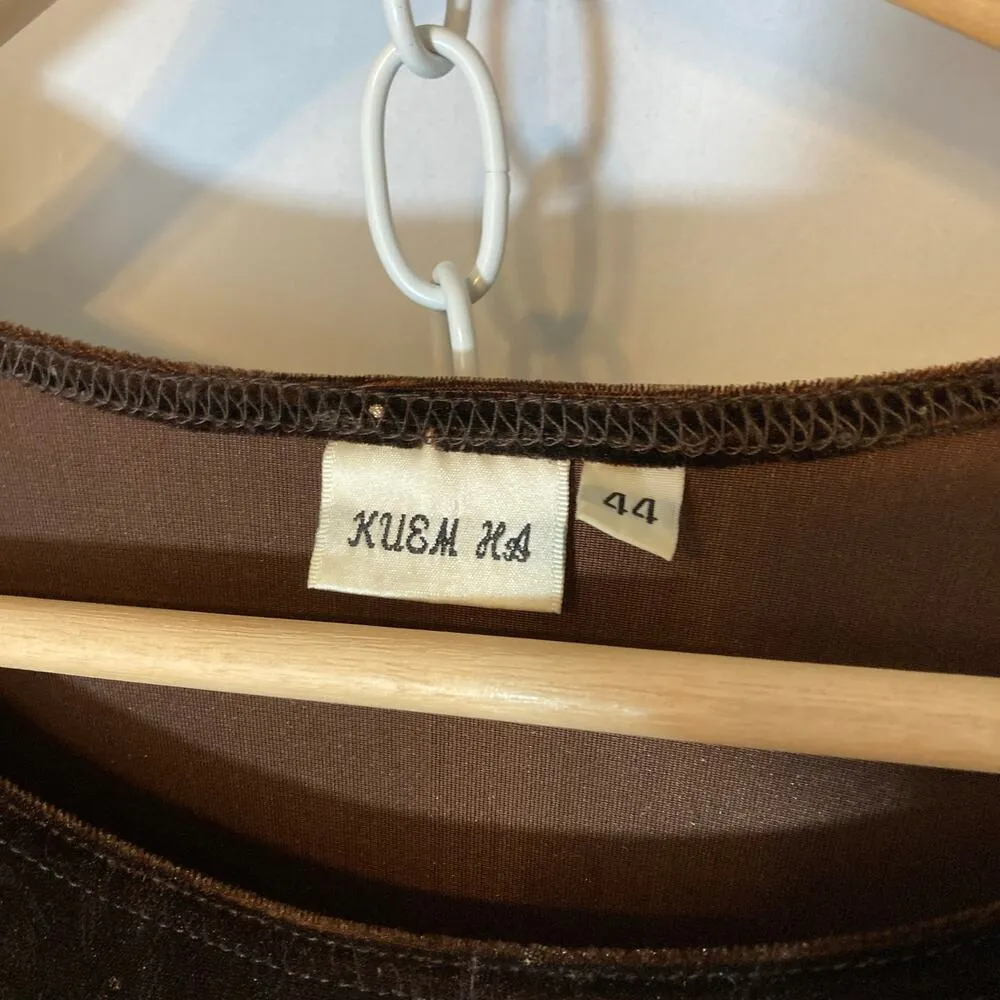 Vintage Madrid Spain Kuem Ha Brown Velvet Bedazzle Leopard Long Sleeve Shirt Top Size 12 - Image 2