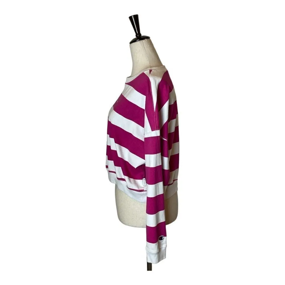 Champion Pink And White‎ Striped Crew Neck Pullover Cropped Sweatshirt Size S - Image 4