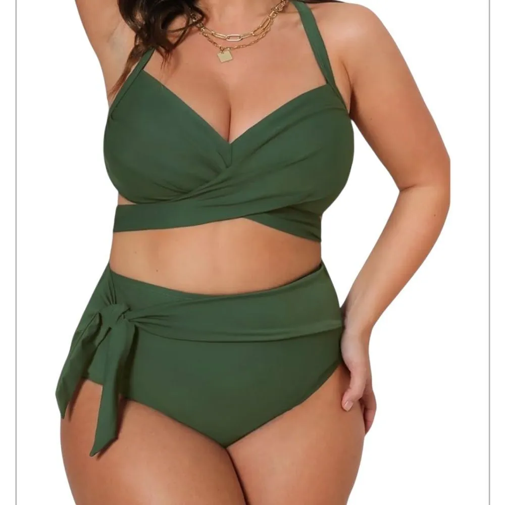 CUPSHE Army Green Bikini High Waisted Wrapped Front Knotted Bottom Size 3X NEW - Image 2