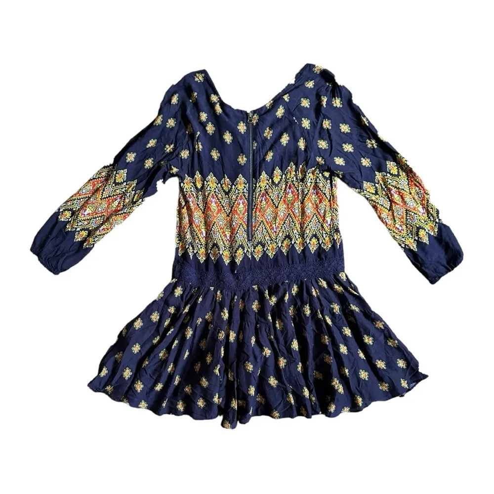 Free People Women Size Small Bohemian Drop Waist Floral Blue Casual Dress - Image 3