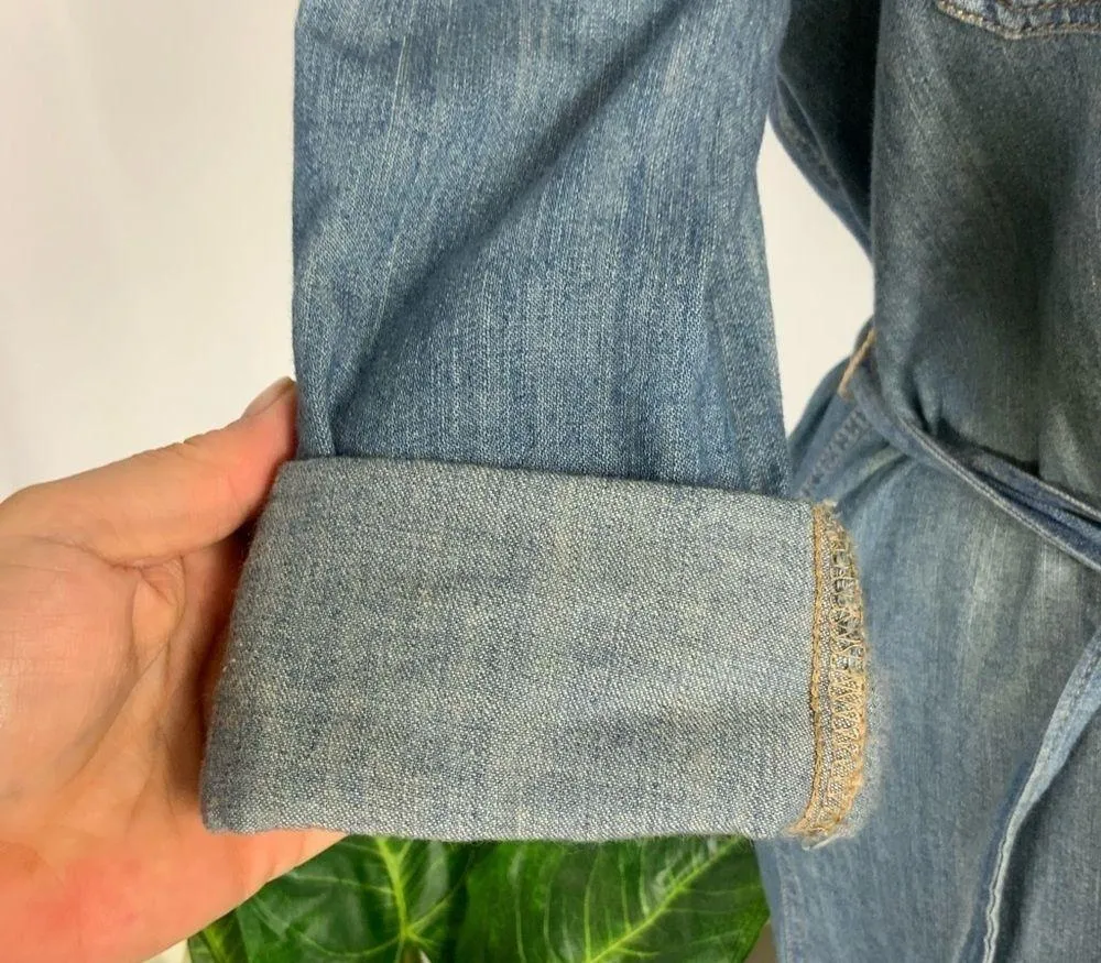 Universal Threads Blue Faded Button Down Raw Hem Belted Denim Casual Dress Small - Image 12