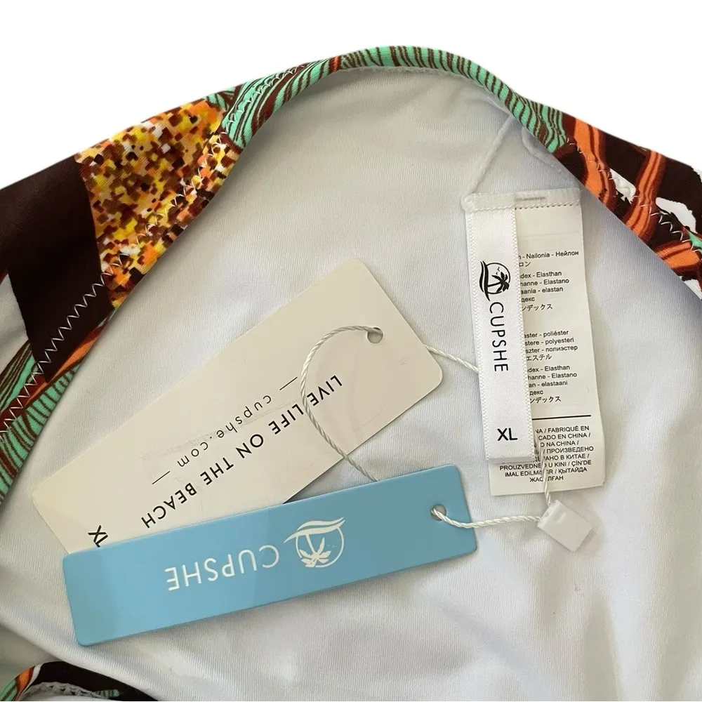 NEW Cupshe Green Orange Black Tropical High Waist Beach Pool Swim Bikini Bottoms - Image 5