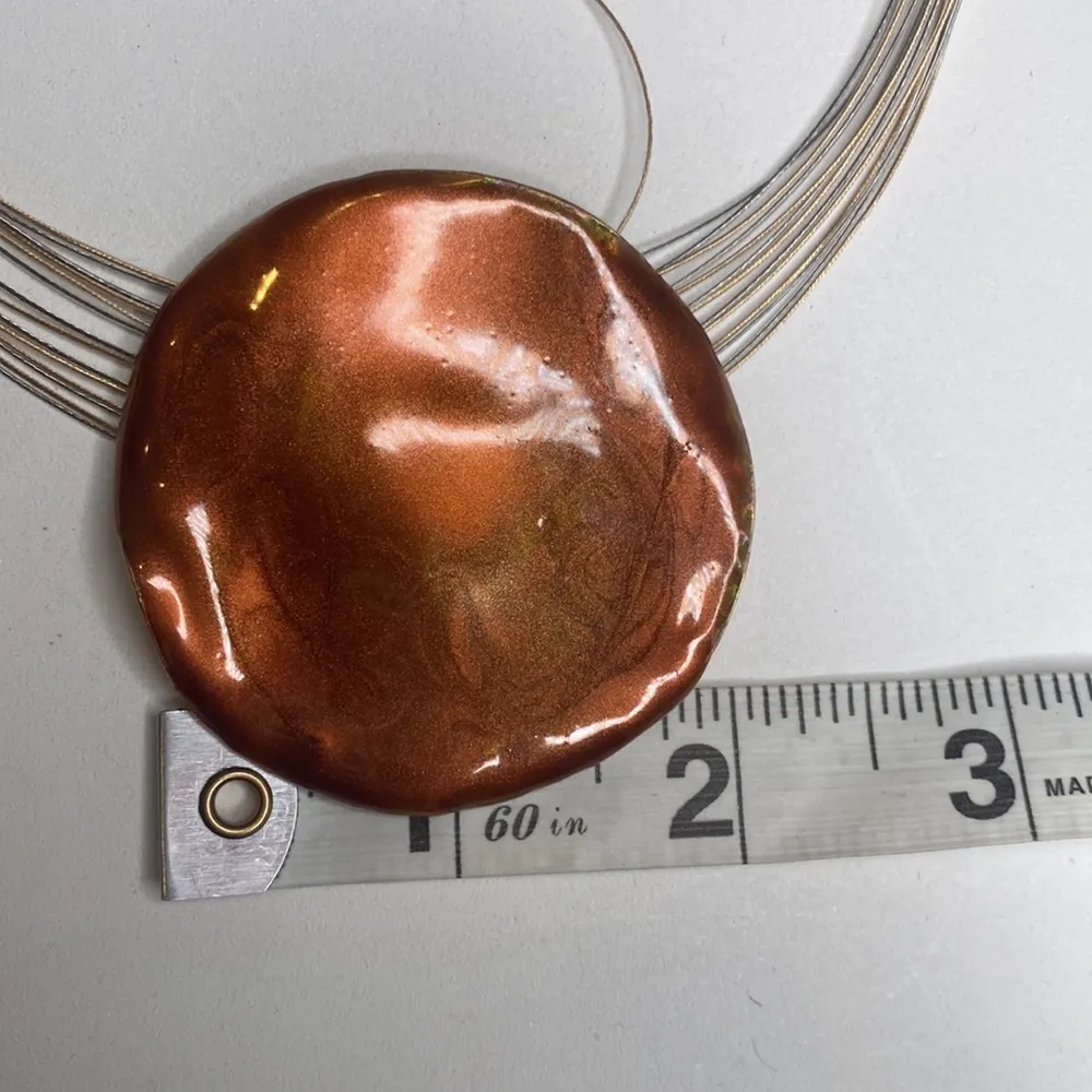Chico’s Copper Disc Wavy Enamel Pendant Thin Multistrand Wire Chain EUC OS Short - Image 6