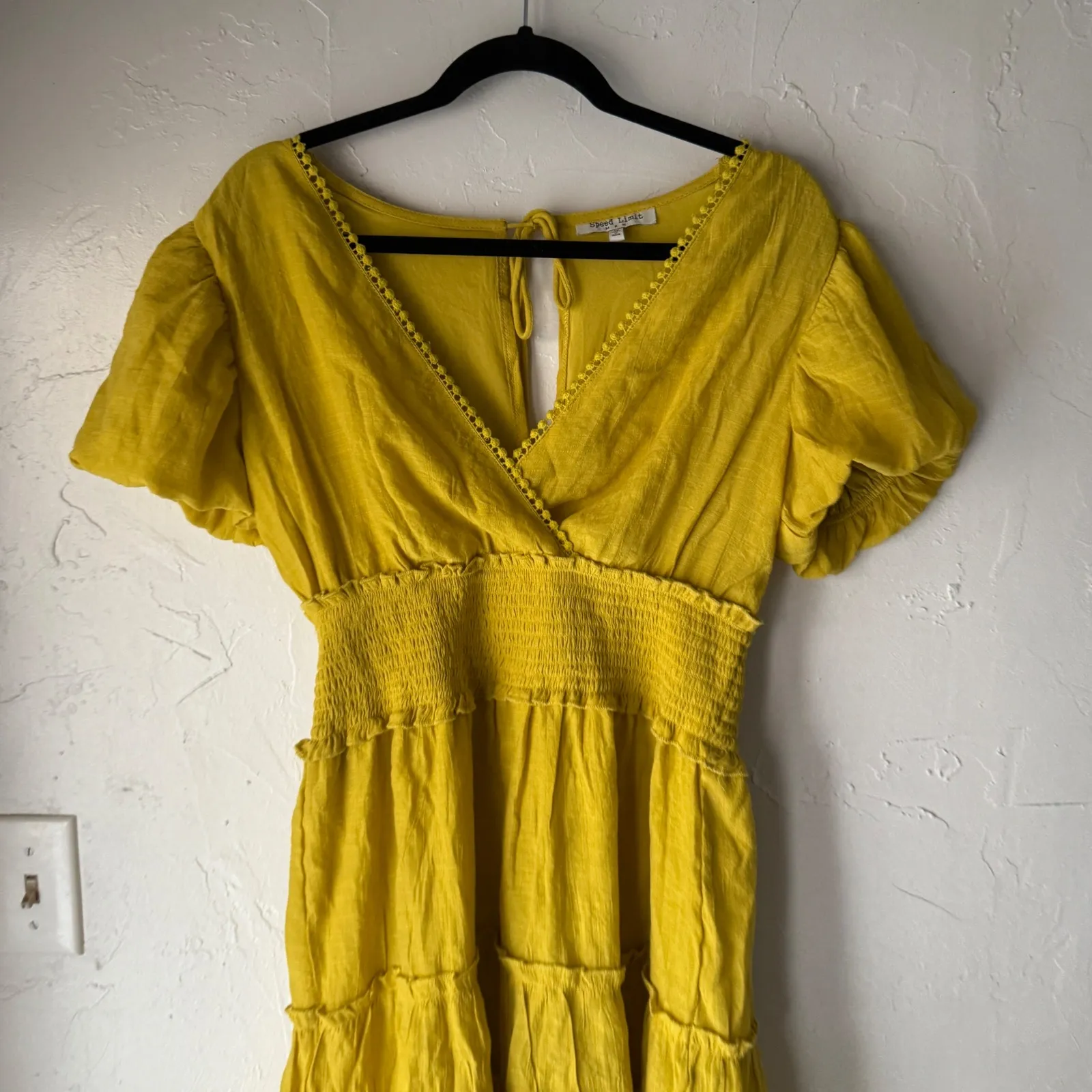 Speed Limit Yellow Smocked Tiered Mini Dress Puff Sl V Neck Ruffle Boho Cottage - Image 3