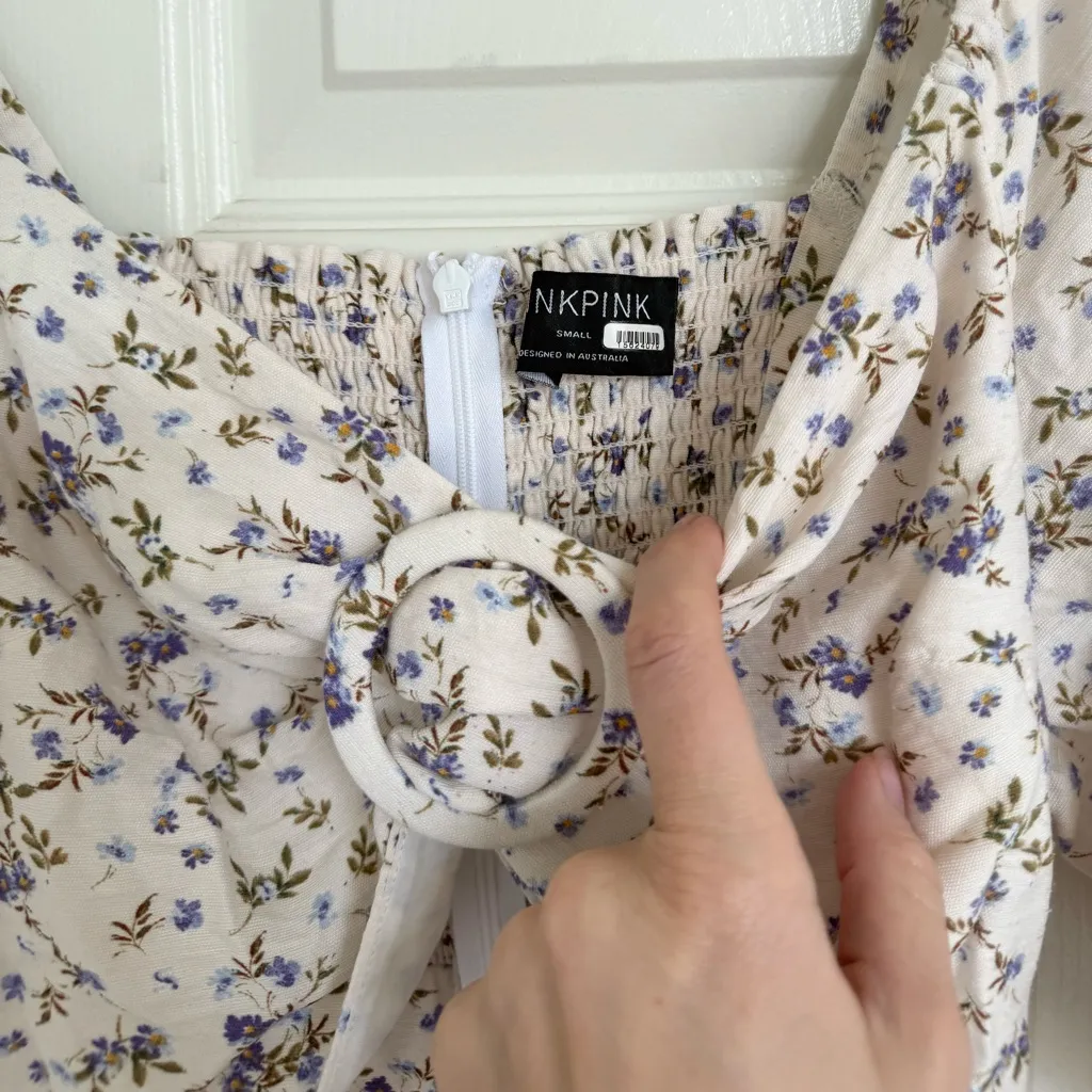 MINKPINK Hailey Cut Out Floral Puff Sleeve Midi Dress S Blue Purple - Image 10