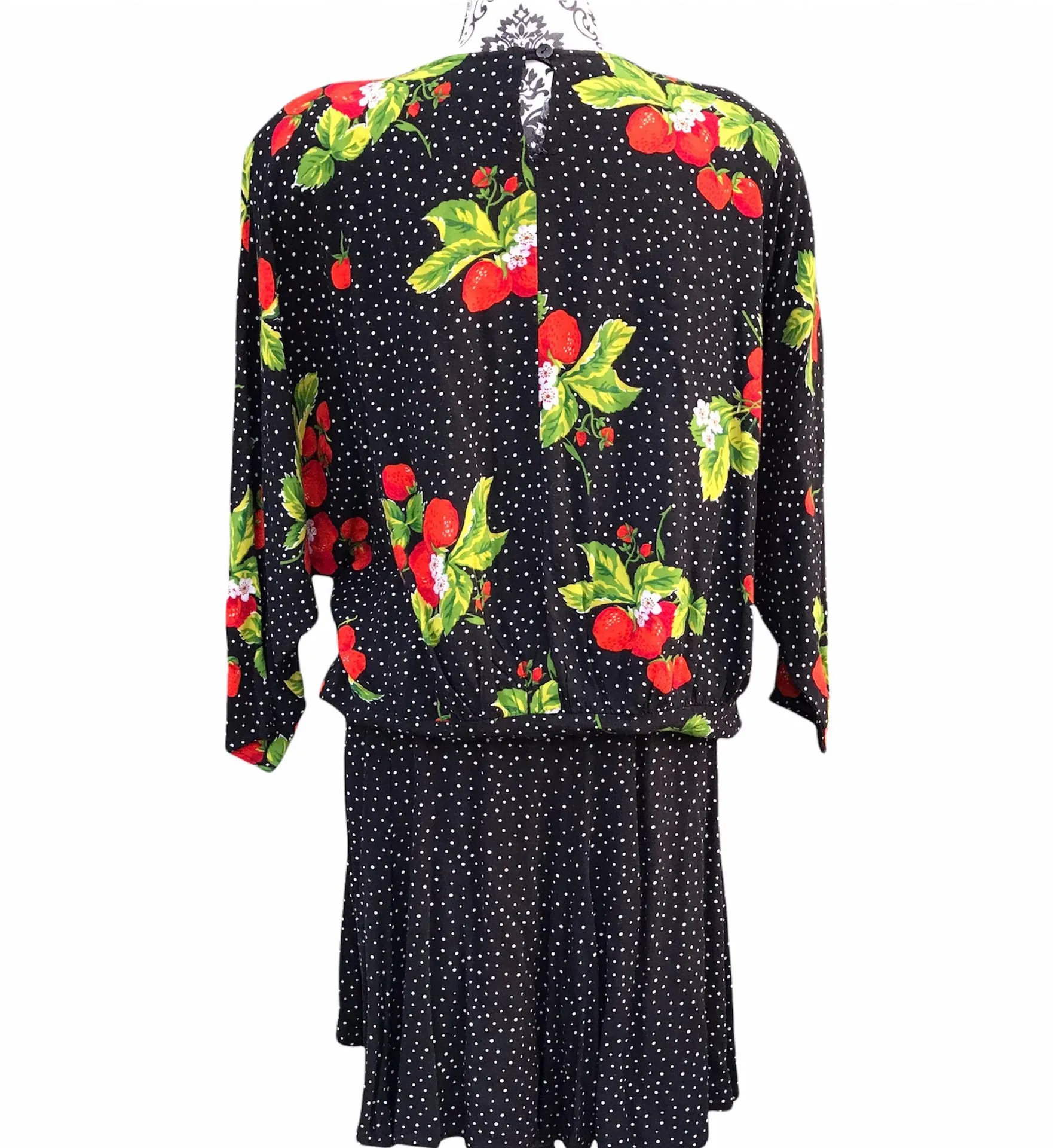Vintage 90s Essay Strawberry Two Piece Polka Dot Blouse Skirt Set Black Size 4 - Image 2