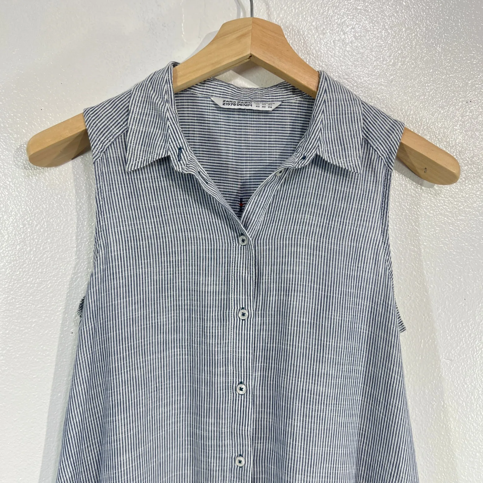 Zara Basic Striped Button Down‎ Tunic Dress XS Blue White Cotton Sleeveless Boho - Image 7