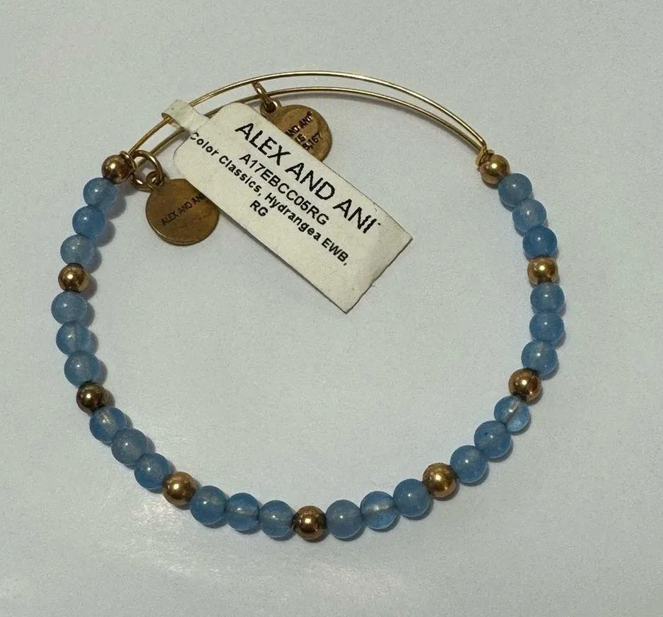 ALEX AND ANI NEW  color classic hydrangea blue beaded gold tone bangle bracelet - Image 3