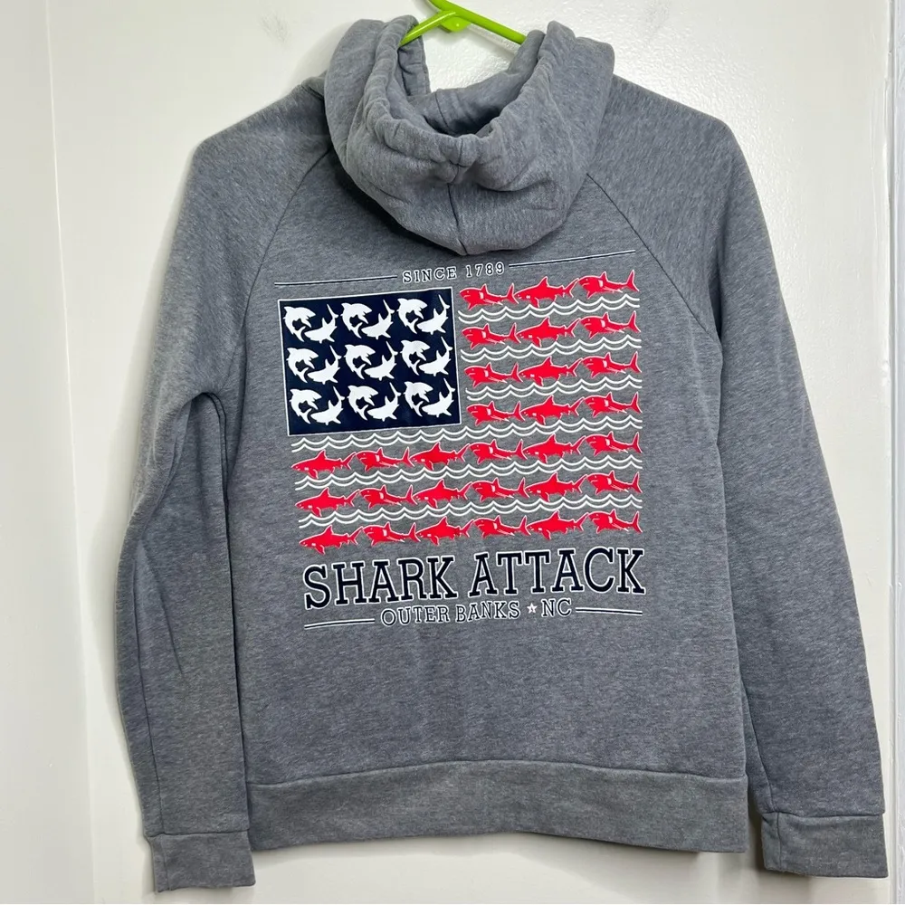 Obx Outer Banks, NC Gray Zip Up Hooded Sweatshirt Shark Flag Design Size Small - Image 6