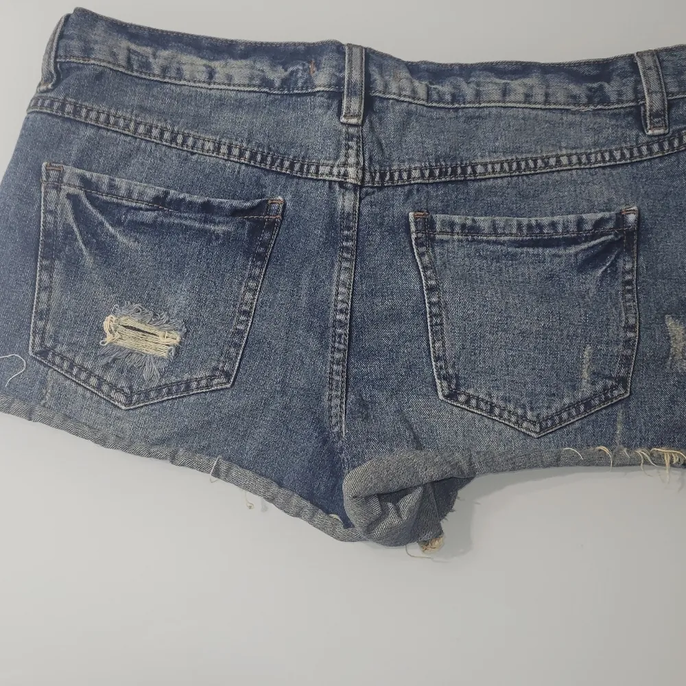 Free People Dark Blue Frayed Jean Shorts - Image 6