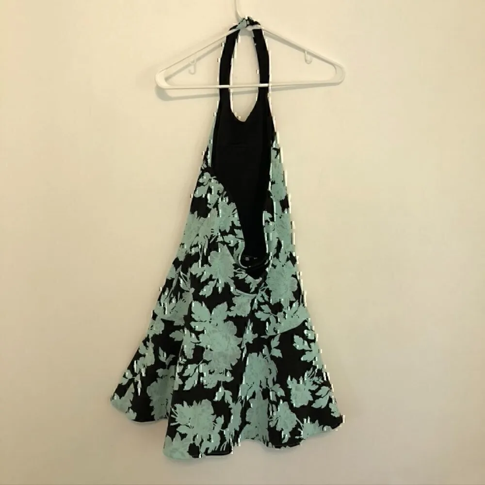 PARKER Leona Dress Aqua Blue Black Jacquard Textured Floral Halter Cutout Back S - Image 8