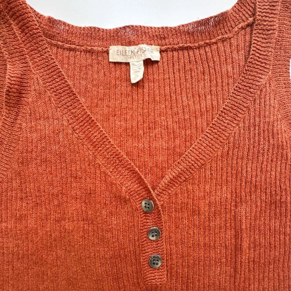 Eileen Fisher Petite Large Linen Henley Tank Rust Orange Sleeveless Ribbed Knit - Image 2