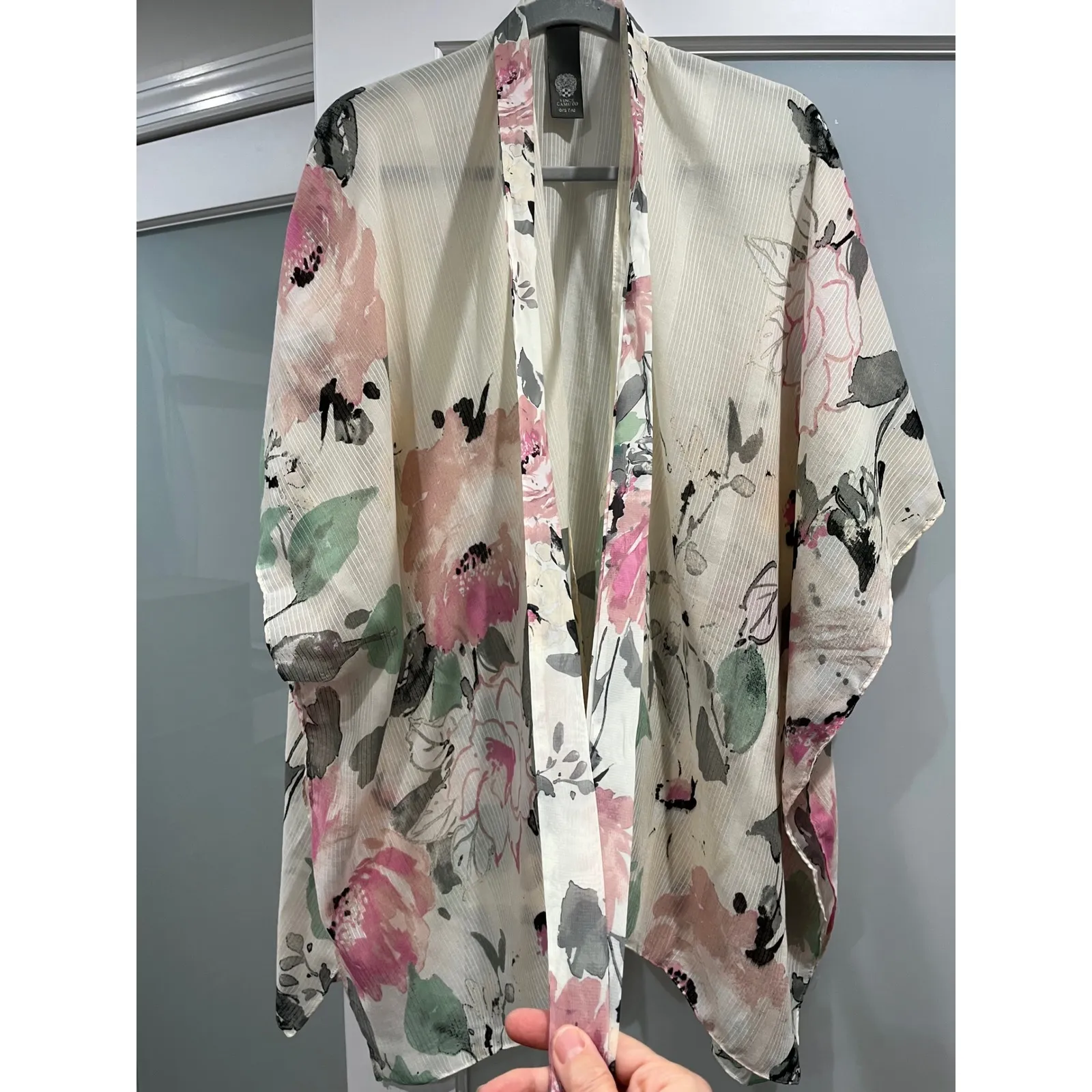 Vince Camuto Floral Print Open Front Kimono‎ Cardigan Cream Pink Green One Size - Image 5