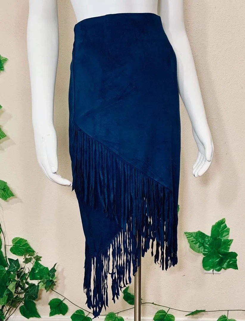 En Creme Suede Blue Navy Fringe Bohemian Skirt - Image 6