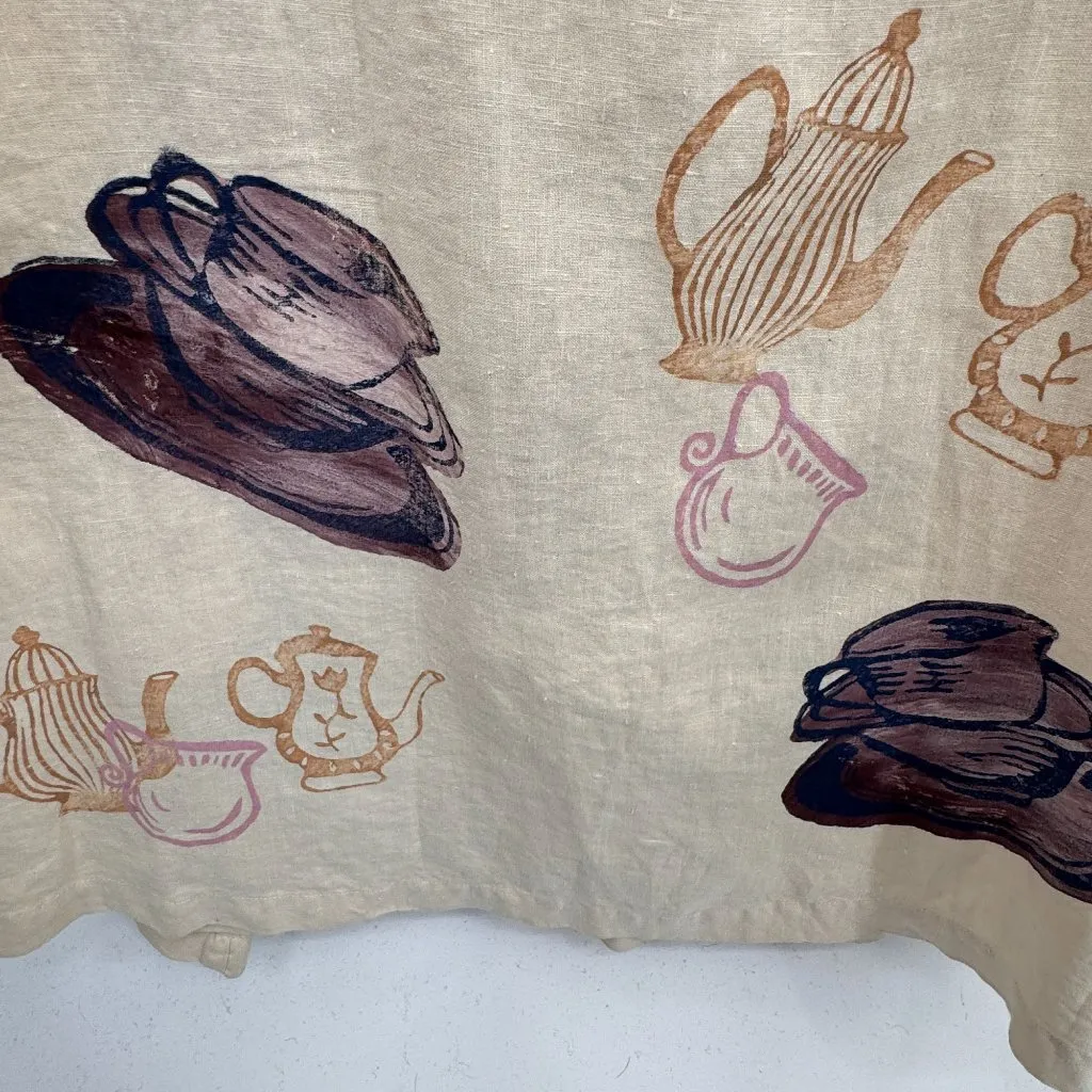 Blue Fish VTG 1999 Maxi Dress Womens XL Tan‎ Linen Coffee Tea Pot Print Pocket Tan - Image 5