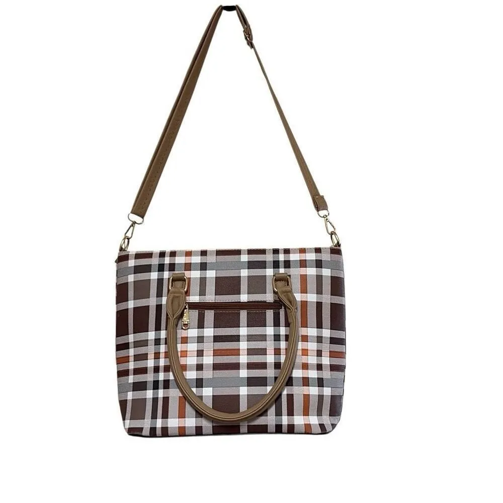 Kate Hill Brown Plaid Crossbody Shoulder Convertible Adjustable Handbag Purse - Image 2