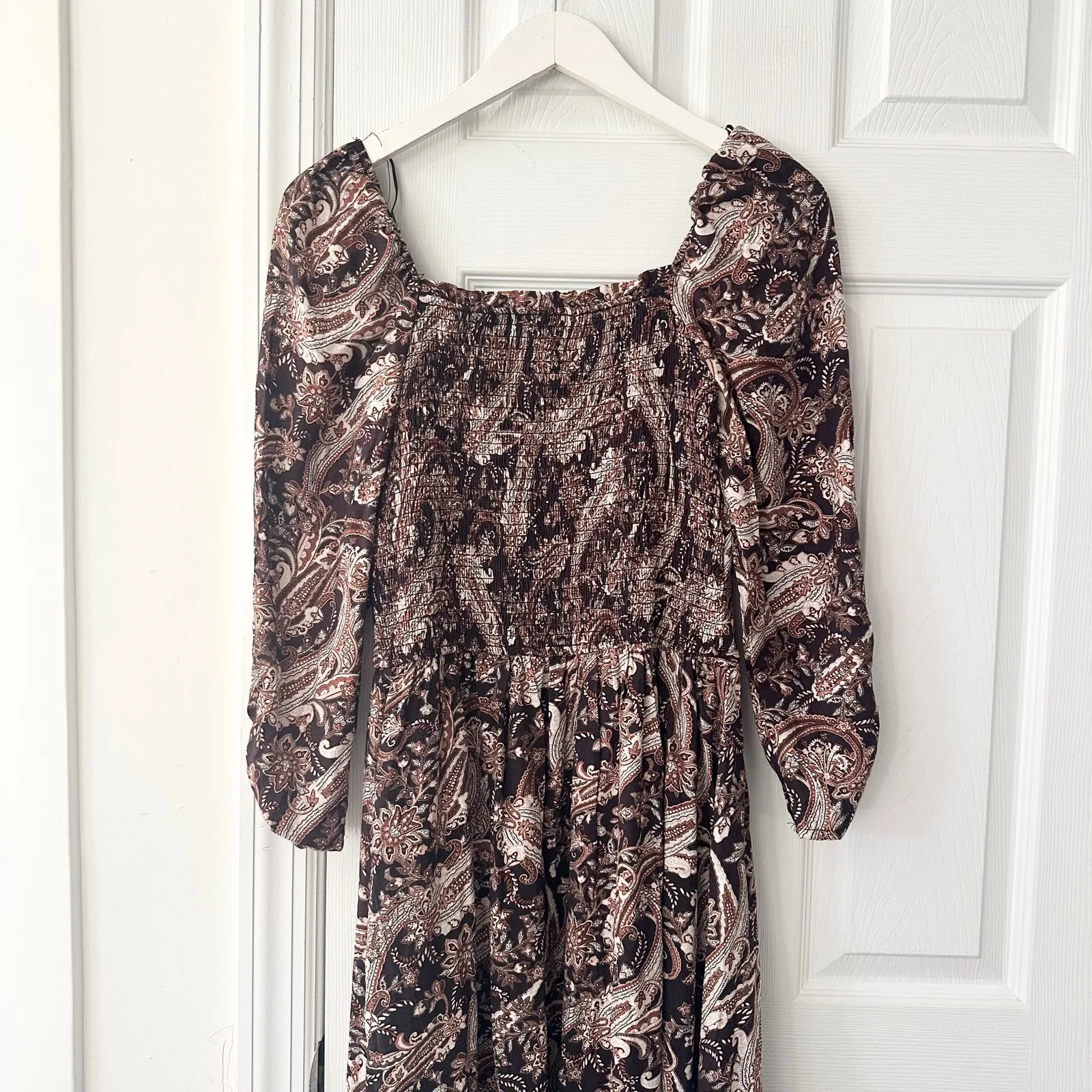 By The River Boutique Brown Paisley Sweetheart Neckline Puff Sleeve Midi Dress S - Image 9