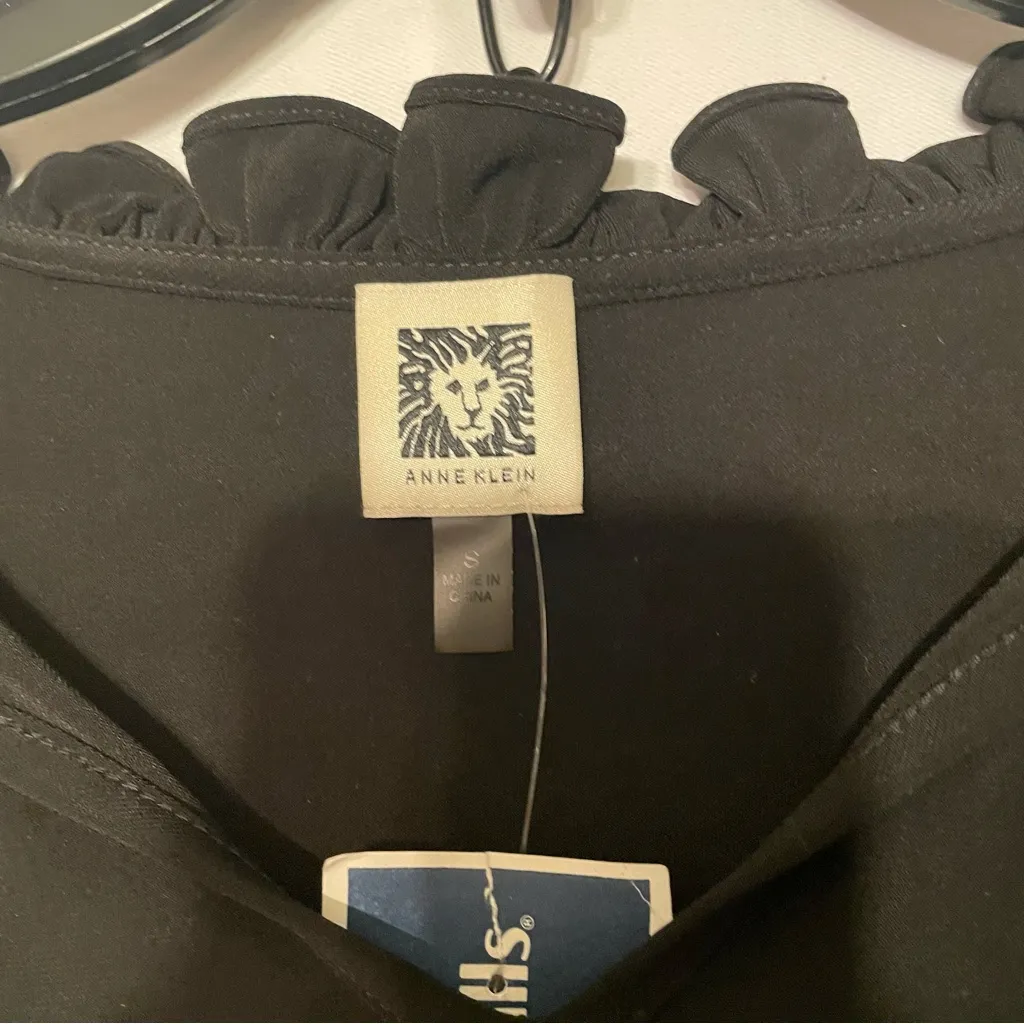 Anne Klein Black Blouse Long Sleeve Ruffle Neck Tie Women Small Stretch Romantic - Image 3