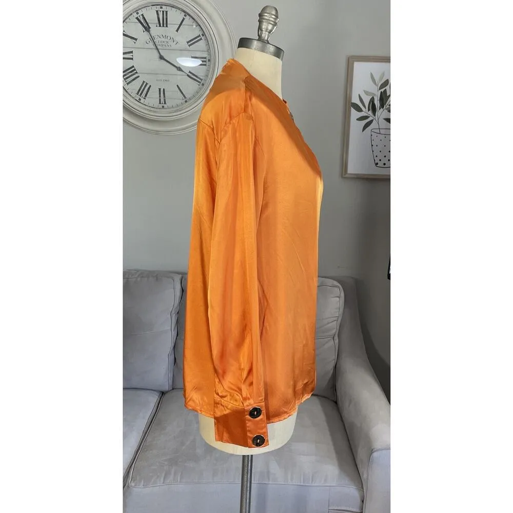 MNG Mango Womens Sz 8 Satin Top Blouse High Neck Long Sleeve Light Bronze Orange - Image 2