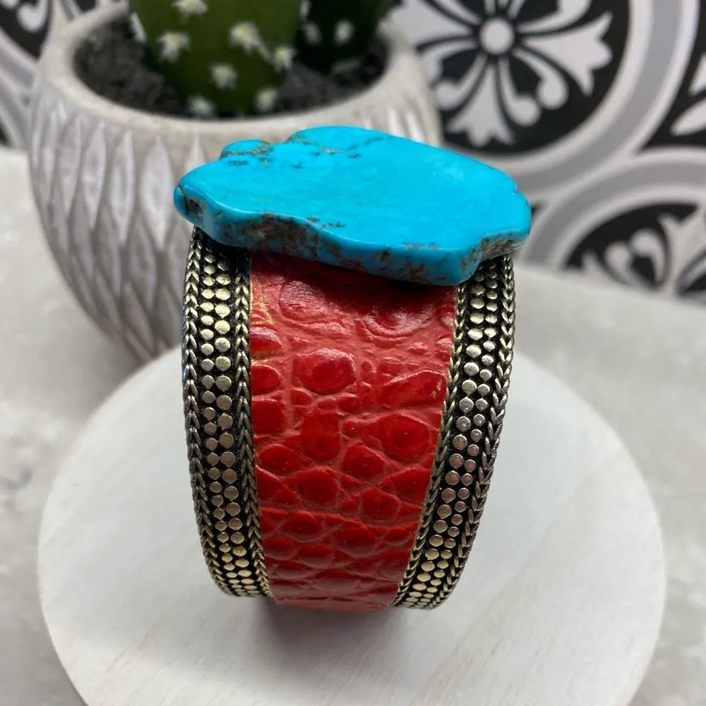 Artist Made Metal Cuff Bracelet with a Turquoise Slab Red - Image 3