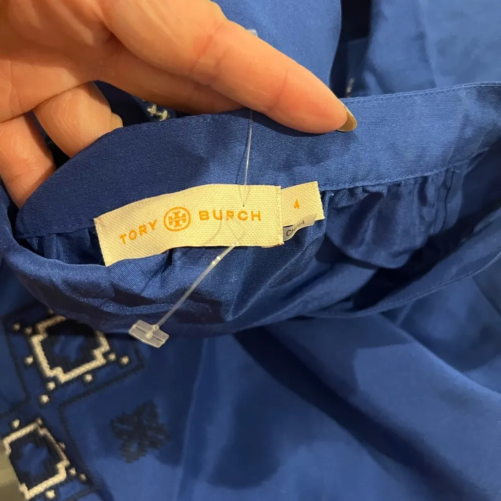 TORY BURCH Katya Silk Tunic Embroidered Jewel Blue Peasant Blouse Top - Image 7