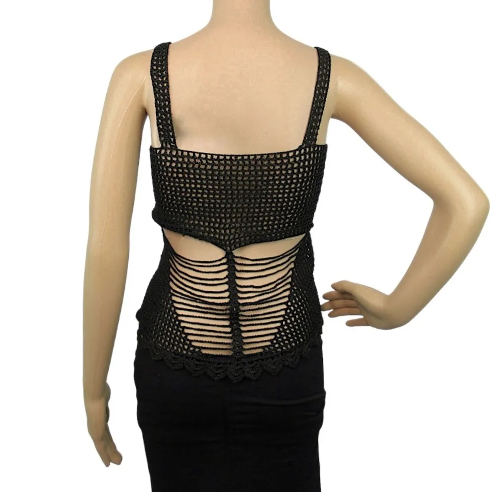Crochet Tank Top Open Knit Black Cami Sheer Cut - Image 5