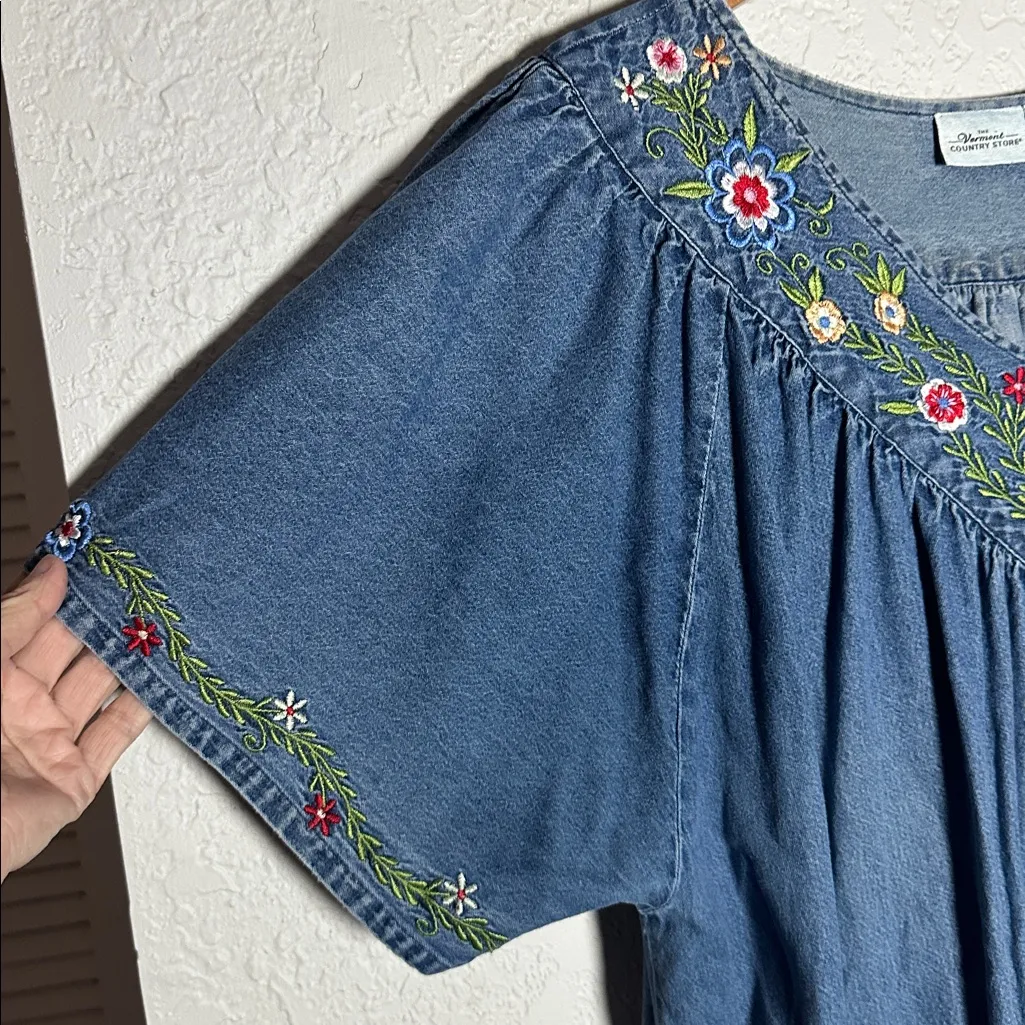 The Vermont Country Store Embroidered Denim Dress Muumuu Jumper Cottage Pockets Blue Size 3X - Image 4