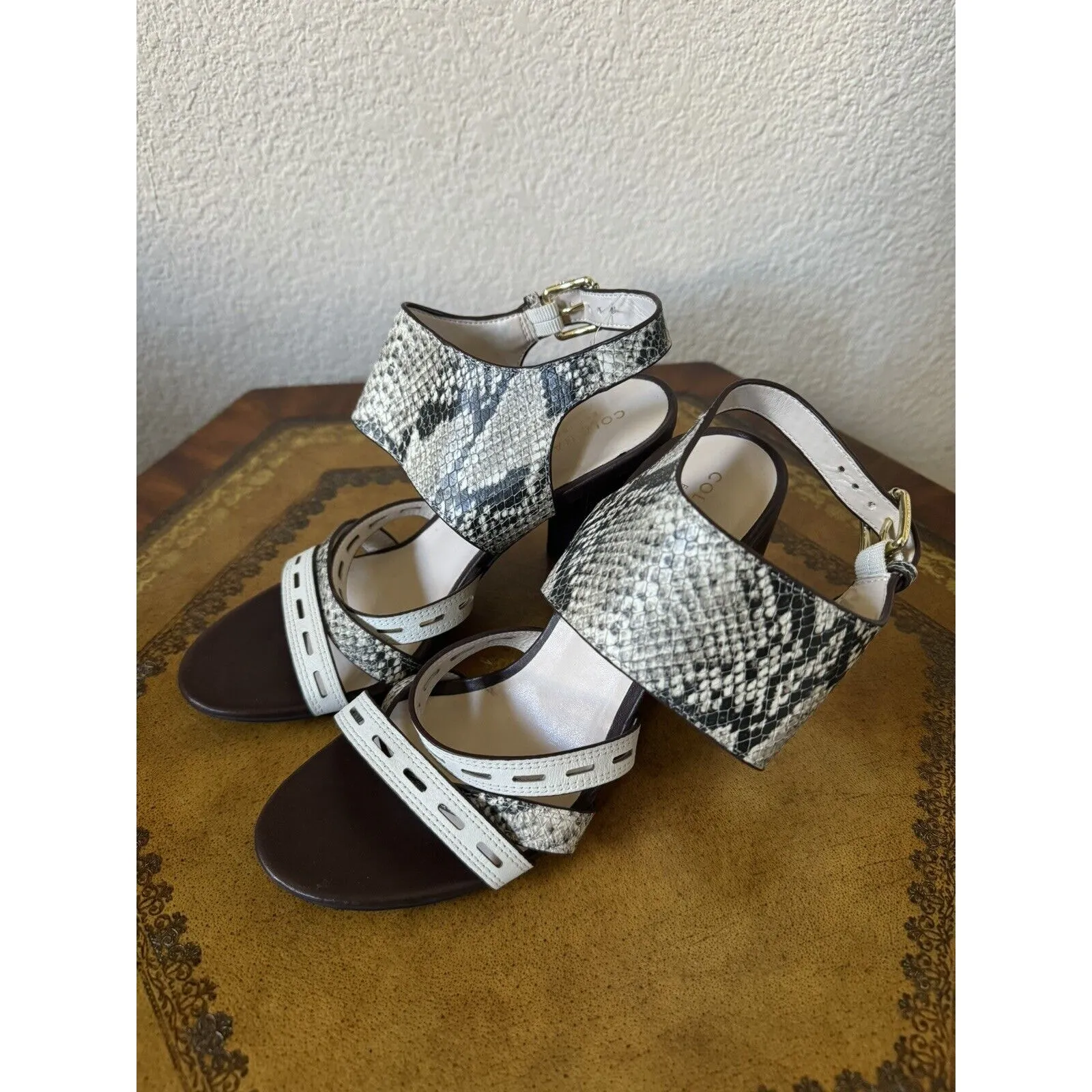 Cole Haan Women 5.5 Slingback Leather Python Print Heeled Sandals‎ Chunky Heels - Image 2